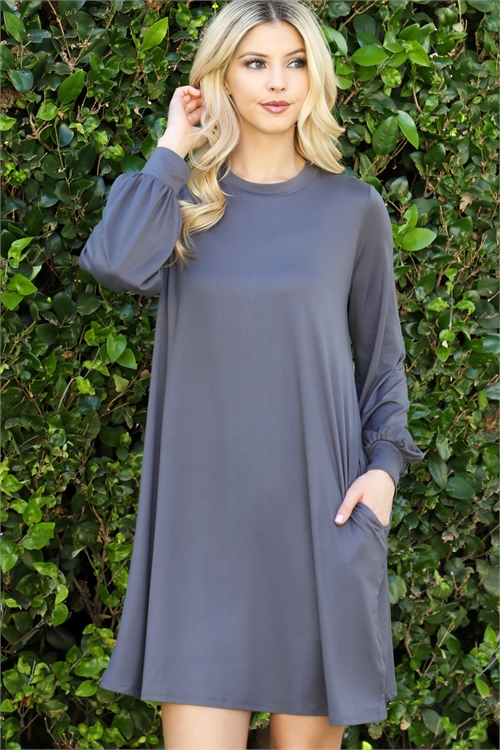 S11-6-1-YMD10070V-GYDK - SOLID ROUND NECKLINE LONG SLEEVE DRESS- GREY DK 1-2-2-1