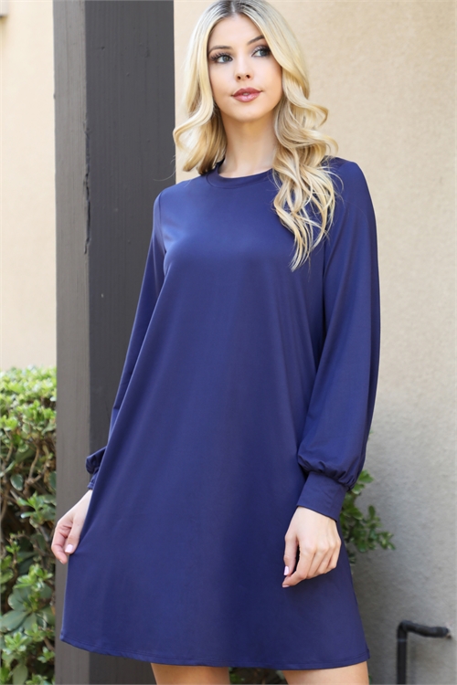 S8-1-1-YMD10070V-NV - SOLID ROUND NECKLINE LONG SLEEVE DRESS- NAVY 1-2-2-1