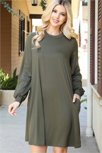 S7-3-1-YMD10070V-OV - SOLID ROUND NECKLINE LONG SLEEVE DRESS- OLIVE 1-2-2-1