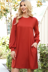 S11-3-3-YMD10070V-RU - SOLID ROUND NECKLINE LONG SLEEVE DRESS- RUST 1-2-2-1