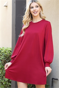 S15-3-1-YMD10070V-WN - SOLID ROUND NECKLINE LONG SLEEVE DRESS- WINE 1-2-2-1