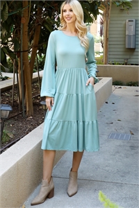 S11-12-2-YMD10071V-ALOE - SOLID LONG SLEEVE ELASTIC WAIST TIERED DRESS- ALOE 1-2-2-1