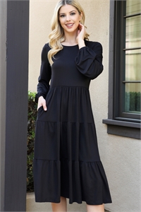 S11-2-4-YMD10071V-BK - SOLID LONG SLEEVE ELASTIC WAIST TIERED DRESS- BLACK 1-2-2-1