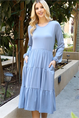 S8-4-3-YMD10071V-DSTBL - SOLID LONG SLEEVE ELASTIC WAIST TIERED DRESS- DUSTY BLUE 1-2-2-1