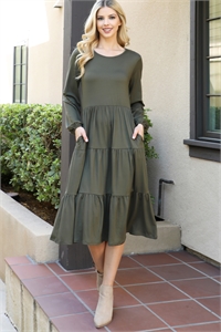 S8-3-1-YMD10071V-OV - SOLID LONG SLEEVE ELASTIC WAIST TIERED DRESS- OLIVE 1-2-2-1