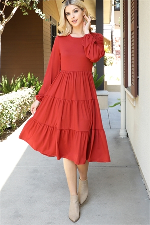 S8-3-2-YMD10071V-RU - SOLID LONG SLEEVE ELASTIC WAIST TIERED DRESS- RUST 0-2-1-1