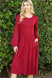 S8-2-3-YMD10071V-WN - SOLID LONG SLEEVE ELASTIC WAIST TIERED DRESS- WINE 1-2-2-1