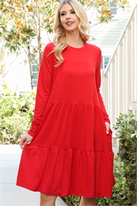 S15-6-2-YMD10072V-RD - SOLID LONG SLEEVE SHIRRING TIERED DETAILED DRESS- RED 1-2-2-1