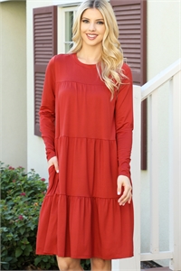 S15-6-2-YMD10072V-RU - SOLID LONG SLEEVE SHIRRING TIERED DETAILED DRESS- RUST 1-2-2-1