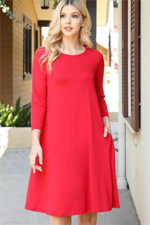 S11-13-3-YMD10073V-RD - SOLID QUARTER SLEEVE ROUND NECK DRESS- RED 1-2-2-1