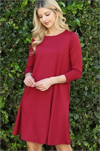 SA3-4-3-YMD10073V-WN - SOLID QUARTER SLEEVE ROUND NECK DRESS- WINE 1-2-2-1