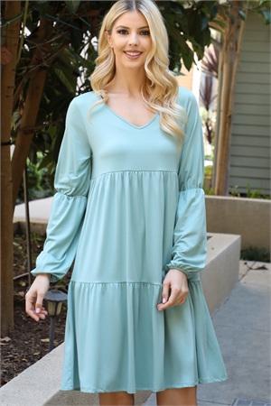 S10-10-3-YMD10074V-ALOE - SOLID V-NECK ELASTIC DETAIL SLEEV TIERED DRESS- ALOE 1-2-2-1