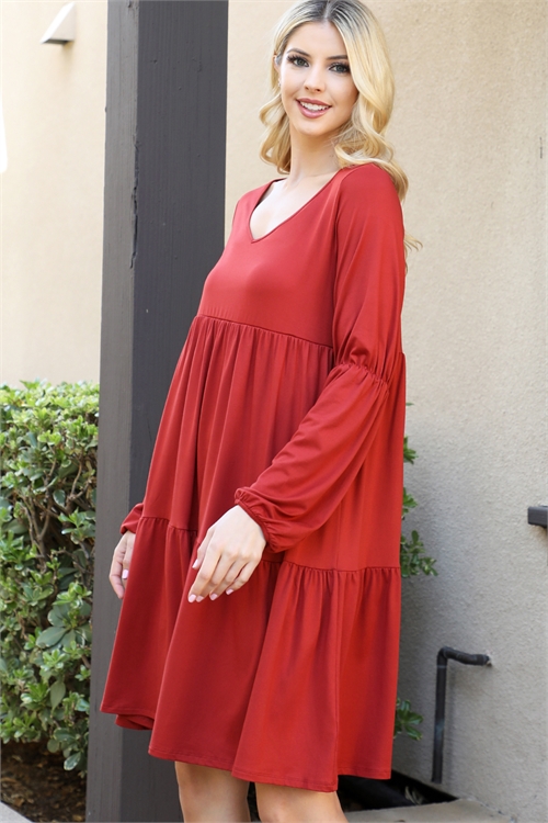 S10-7-3-YMD10074V-RU - SOLID V-NECK ELASTIC DETAIL SLEEV TIERED DRESS- RUST 1-2-2-1