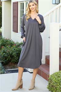 S15-12-1-YMD10075V-GYDK - SOLID V-NECK LONG SLEEVE DOLPHIN HEM DRESS- GREY DARK 1-2-2-1