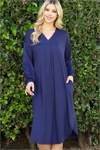 S16-12-2-YMD10075V-NV - SOLID V-NECK LONG SLEEVE DOLPHIN HEM DRESS- NAVY 1-2-2-1