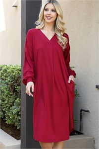 S11-14-1-YMD10075V-WN - SOLID V-NECK LONG SLEEVE DOLPHIN HEM DRESS- WINE 1-2-2-1