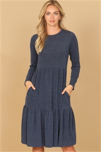 S16-10-1-YMD10121V-LTNV - LONG SLEEVE ROUND NECK CHAMBRAY TIERED DRESS- LT. NAVY 1-2-2-1