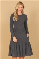 S11-3-2-YMD10121V-NCHL - LONG SLEEVE ROUND NECK CHAMBRAY TIERED DRESS- NEW CHARCOAL 1-2-2-1