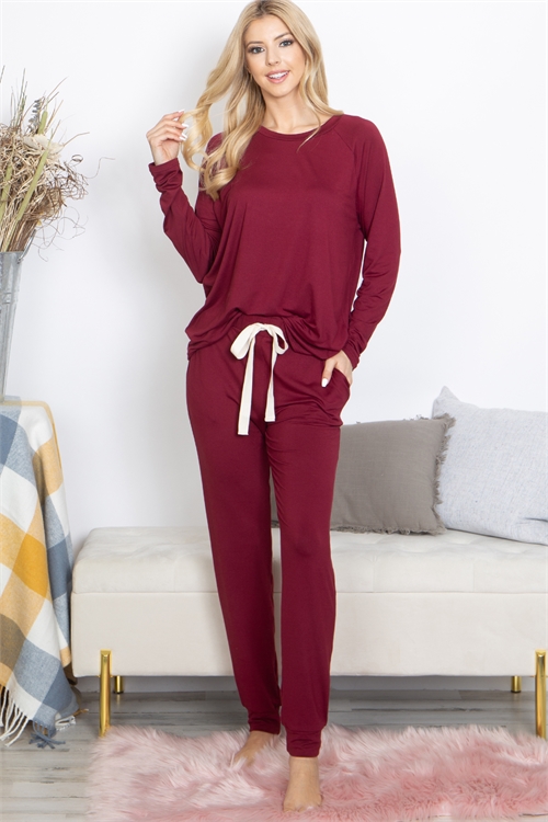 S7-3-3-YMP40001-BU - SOLID LONG SLEEVE TOP AND JOGGERS SET WITH SELF TIE- BURGUNDY 1-2-2-2