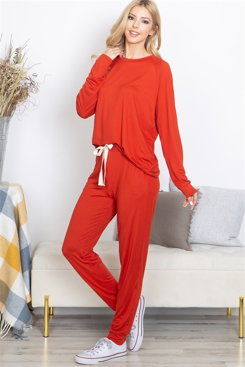 S10-8-1-YMP40001-RU-1 - SOLID LONG SLEEVE TOP AND JOGGERS SET WITH SELF TIE- RUST 1-2-0-0