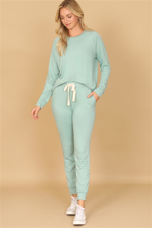 S14-4-1-YMP40001V-ALOE - SOLID LONG SLEEVE TOP AND JOGGERS SET WITH SELF TIE- ALOE 1-2-2-1