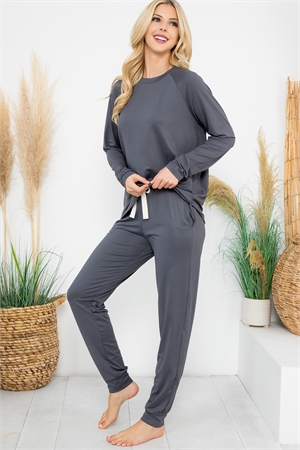 S9-7-1YMP40001V-GYDK-1 - SOLID LONG SLEEVE TOP AND JOGGERS SET WITH SELF TIE - GREY DARK 0-0-1-0