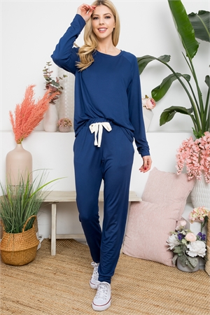 S9-7-1-YMP40001V-NV-2 - SOLID LONG SLEEVE TOP AND JOGGERS SET WITH SELF TIE - NAVY 1-1-0-1
