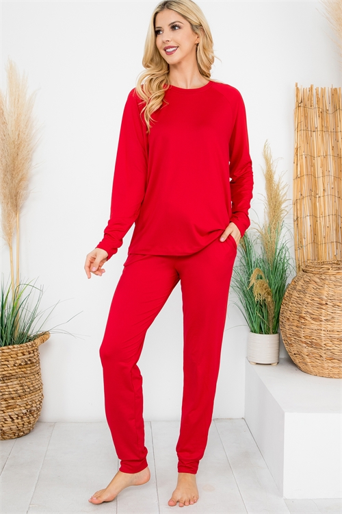S9-7-1-YMP40001V-RD-1 - SOLID LONG SLEEVE TOP AND JOGGERS SET WITH SELF TIE - RED 3-0-1-1
