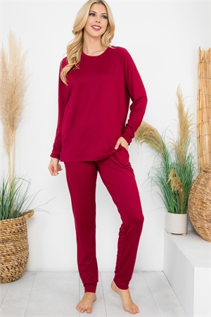 S9-7-1-YMP40001V-WN-1 - SOLID LONG SLEEVE TOP AND JOGGERS SET WITH SELF TIE - WINE 3-0-0-0
