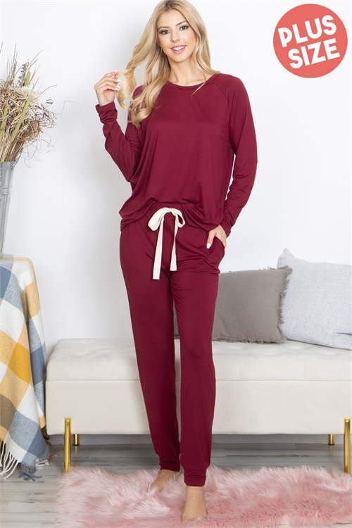 S12-10-3-YMP40001X-BU - PLUS SIZE SOLID LONG SLEEVE TOP AND JOGGERS SET WITH SELF TIE- BURGUNDY 3-2-1