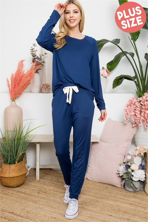 S13-7-2-YMP40001X-NV - PLUS SIZE SOLID LONG SLEEVE TOP AND JOGGERS SET WITH SELF TIE- NAVY 3-2-1