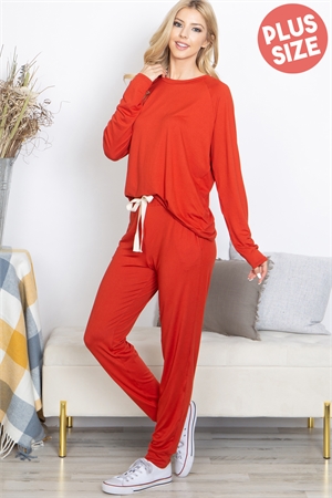 S9-3-4-YMP40001X-RU-1 - PLUS SIZE SOLID LONG SLEEVE TOP AND JOGGERS SET WITH SELF TIE- RUST 3-2-0