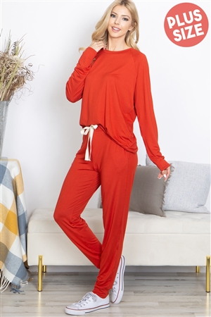 S11-4-3-YMP40001X-RU-2 - PLUS SIZE SOLID LONG SLEEVE TOP AND JOGGERS SET WITH SELF TIE- RUST 2-2
