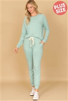 S16-7-1-YMP40001XV-ALOE - PLUS SIZE SOLID LONG SLEEVE TOP AND JOGGERS SET WITH SELF TIE- ALOE 3-2-1