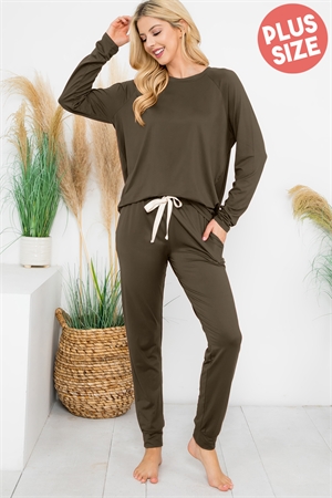 S16-7-3-YMP40001XV-OV - PLUS SIZE SOLID LONG SLEEVE TOP AND JOGGERS SET WITH SELF TIE- OLIVE 3-2-1