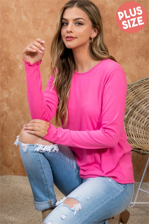 S16-5-5-YMT20002X-FCH-1 - PLUS SIZE FUCHSIA FLOWER MERROW LONG SLEEVE ROUND NECK TOP- FUCHSIA 0-2-2