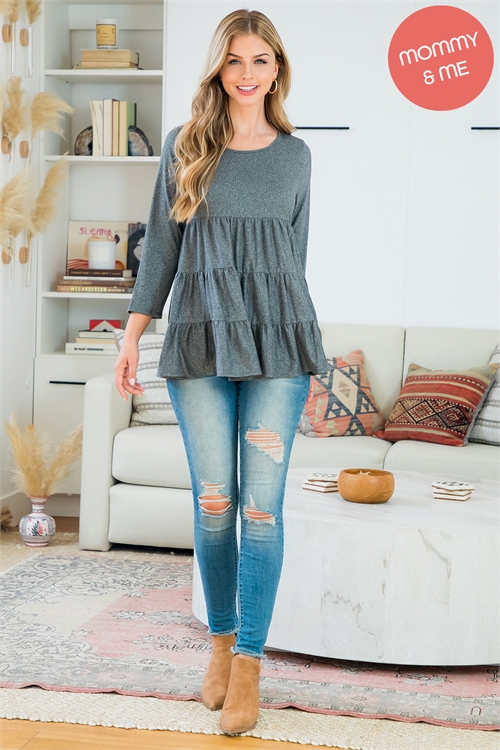 S14-12-2-YMT20004-2TCHL - 3/4 SLEEVE TIERED RUFFLE SOLID TOP- 2TONE CHARCOAL 1-2-2-2 (NOW $7.50 ONLY!)