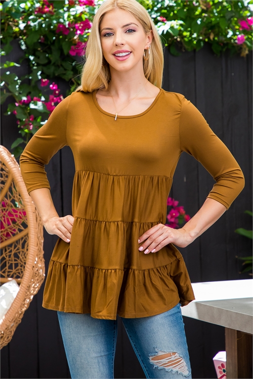 S13-9-1-YMT20004-DKCPC - 3/4 SLEEVE TIERED RUFFLE SOLID TOP- DARK CAPPUCCINO 1-2-2-2 (NOW $7.50 ONLY!)