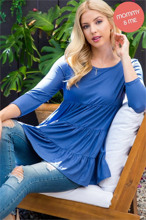 S14-4-4-YMT20004-DNM-1 - 3/4 SLEEVE TIERED RUFFLE SOLID TOP- DENIM 0-2-2-1