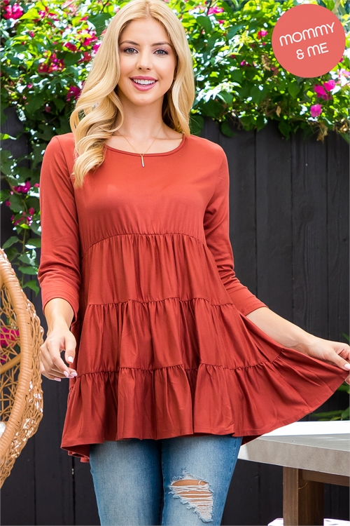 S13-9-2-YMT20004-MAR - 3/4 SLEEVE TIERED RUFFLE SOLID TOP- MARSALA 1-2-2-2 (NOW $7.50 ONLY!)