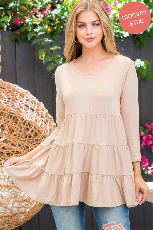 S14-10-2-YMT20004-TN - 3/4 SLEEVE TIERED RUFFLE SOLID TOP- TAN 1-2-2-2 (NOW $7.50 ONLY!)