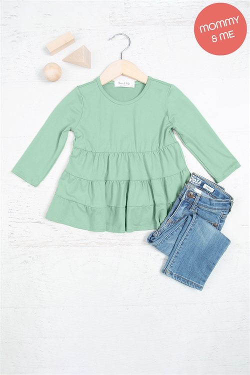 S11-14-3-YMT20004TK-MLTRGN - KIDS 3/4 SLEEVE TIERED RUFFLE SOLID TOP- MILTARY GREEN 1-1-1-1-1-1-1-1