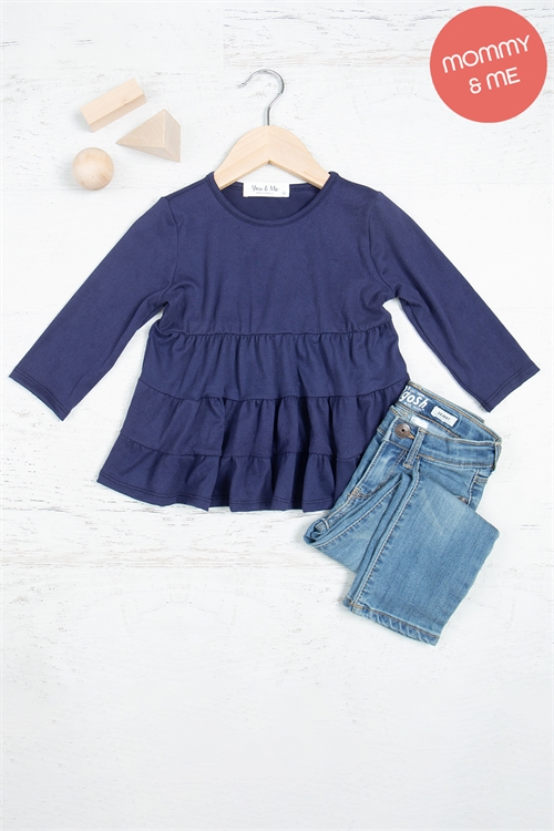 S8-11-3-YMT20004TK-NV - KIDS 3/4 SLEEVE TIERED RUFFLE SOLID TOP- NAVY 1-1-1-1-1-1-1-1