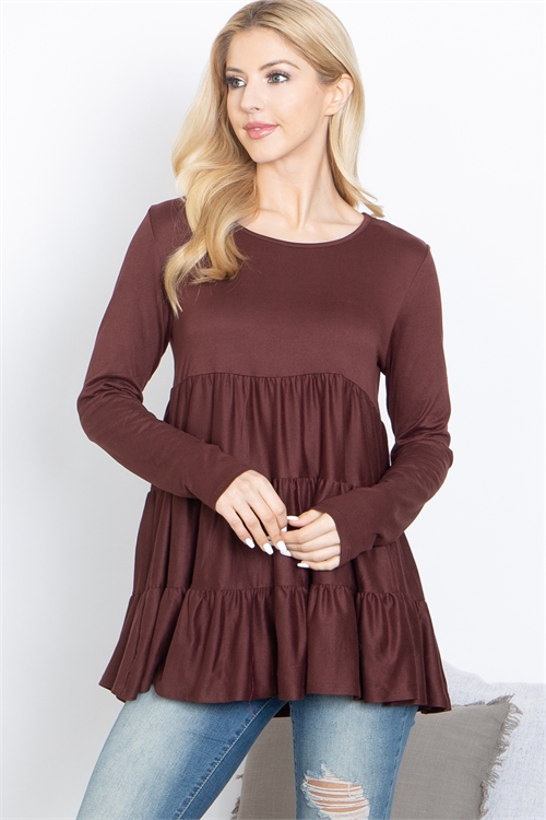 S8-2-3-YMT20005-CHRBWN - SOLID LONG SLEEVE TIERED TOP- CHERRY BROWN 1-2-2-2