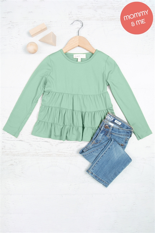 S8-2-5-YMT20005TK-MLTRGN-1 - KIDS LONG SLEEVE TIERED RUFFLE TOP- MILITARY GREEN  1-1-1-1-0-0-0-1