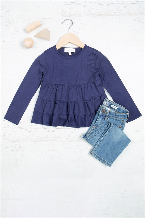 S10-11-4-YMT20005TK-NV - KIDS LONG SLEEVE TIERED RUFFLE TOP- NAVY 1-1-1-1-1-1-1-1