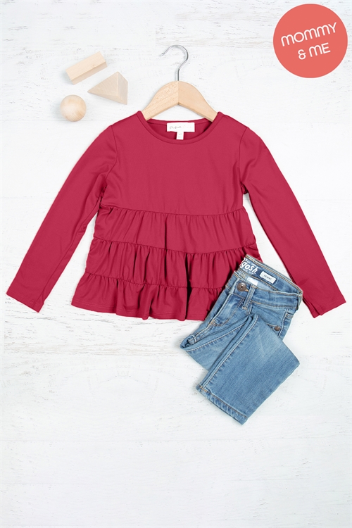 S12-8-4-YMT20005TK-WN - KIDS LONG SLEEVE TIERED RUFFLE TOP- WINE 1-1-1-1-1-1-1-1