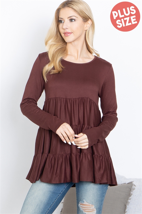 S15-11-3-YMT20005X-CHRBWN-1 - PLUS SIZE SOLID LONG SLEEVE TIERED TOP- CHERRY BROWN 2-2-1