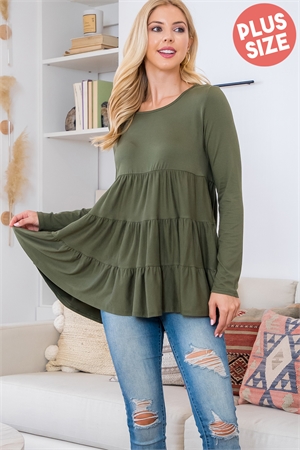 SA4-7-4-YMT20005X-DKOV-1 - PLUS SIZE SOLID LONG SLEEVE TIERED TOP- DARK OLIVE 2-2-1