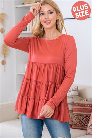 SA4-7-4-YMT20005X-MAR-1 - PLUS SIZE SOLID LONG SLEEVE TIERED TOP- MARSALA 1-2-1